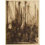 French School, early 20th century- Moored fishing vessels in a harbour; etching, signed with