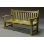 A teak garden bench, late 20th Century, with slatted back and seat on square supports, 91cm high,