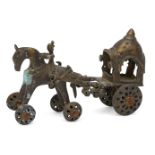 A Tribal bronze model of a horse and cart, 20th century, the cart with a domed cover, on pierced