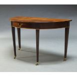 A mahogany and line strung demi lune side table, late 19th Century, with single frieze drawer,