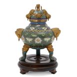 A Chinese gilt metal and cloisonné tripod censer, 20th century, the cover applied with gilt metal