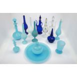 A group of blue and white glass Turkish sprinklers, together with a blue glass plate, jar with