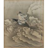 A Japanese watercolour depicting Kinko Sennin riding a carp, early 20th century, 31cm x 27cm, a