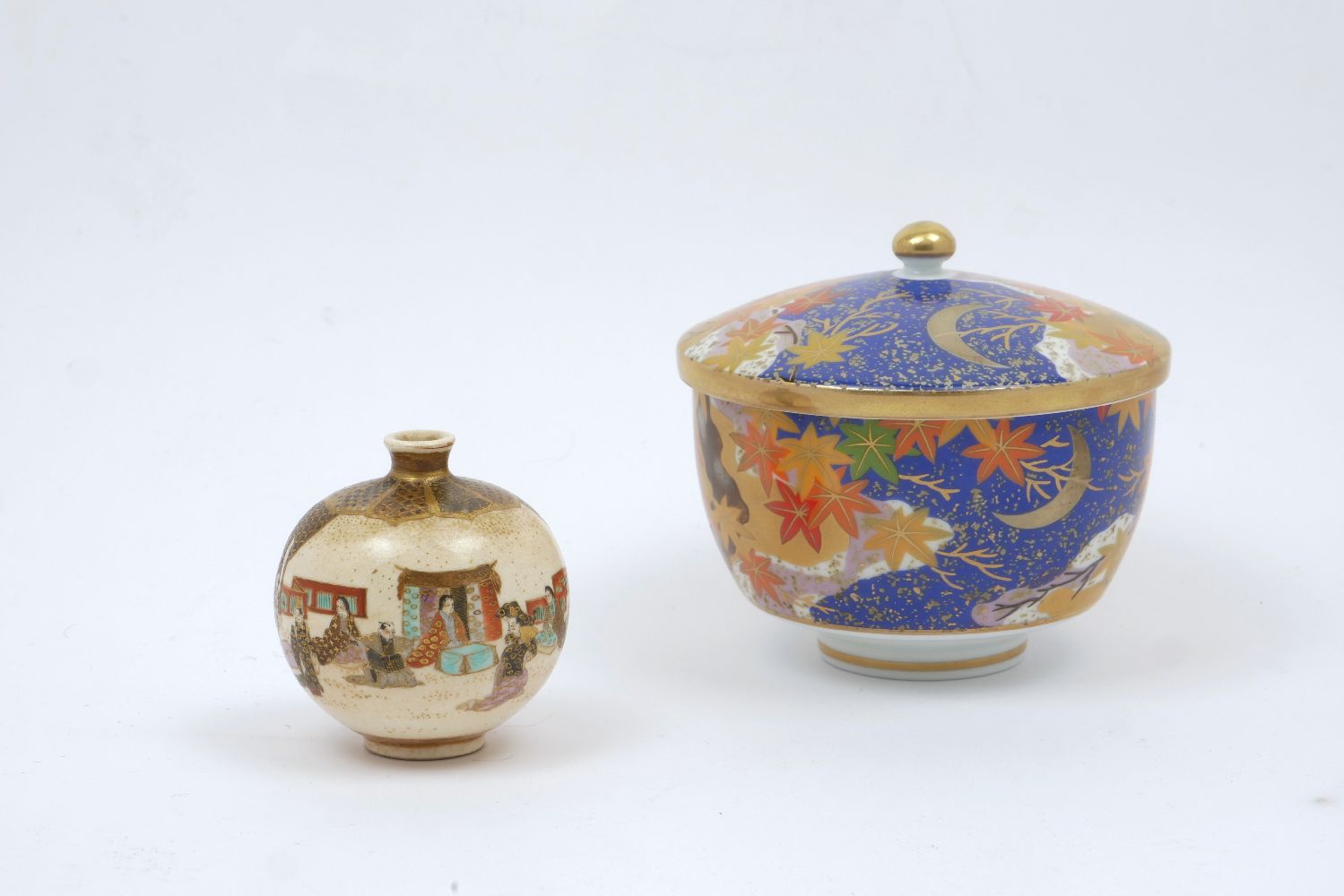 A Japanese Satsuma globular vase decorated with interior scenes and figures, 6cm high, together with