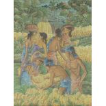 An Indonesian painting of a harvest scene with figures working in the field, 20th century, colour on