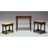 A George III oak side table, the rectangular three plank top, above single frieze drawers, raised on