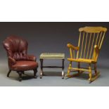 A Victorian leather button back nursing chair, together with an x-frame stool with needlework