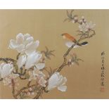 A pair of Chinese paintings of birds in branches, 20th century, with flowering blossom and