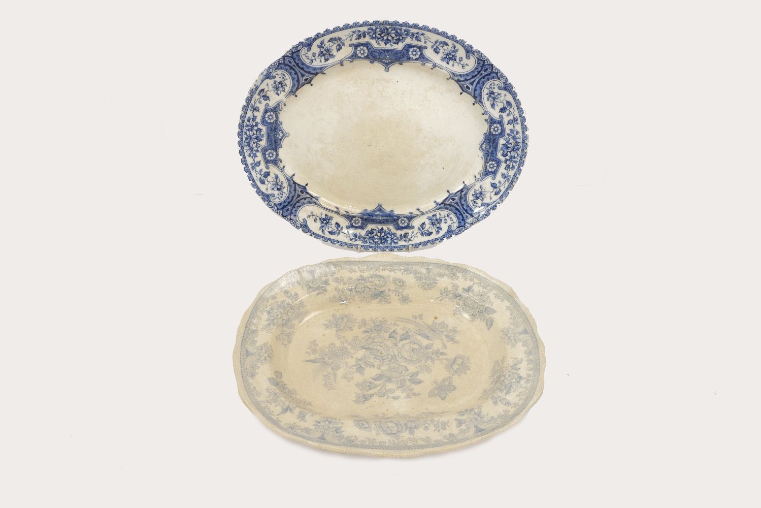 Four large Staffordshire oval shaped meat platters with various blue and white printed patterns of - Image 2 of 2