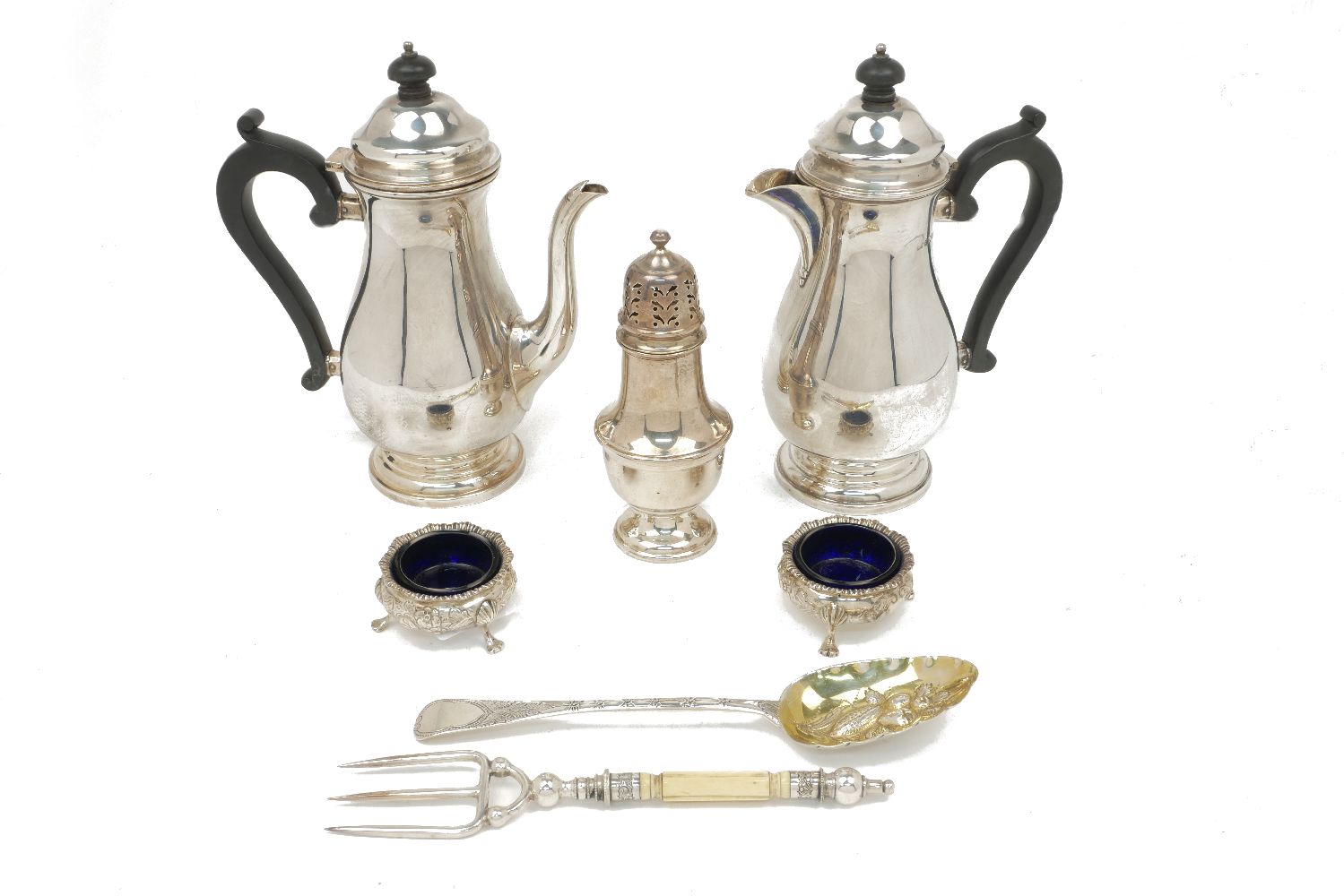 A silver coffee pot and a silver hot water pot, both London, c.1937, Josiah Williams & Co., together