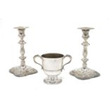 A pair of silver baluster candlesticks, Sheffield, c.1964, CJ Vander, together with a two-handled