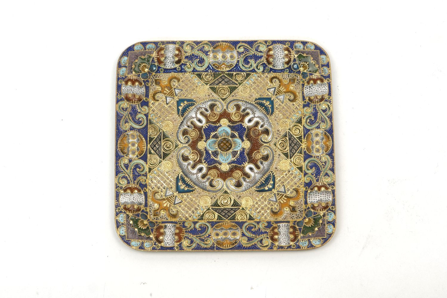 A Faberge silver gilt and enamel decorated square pin dish, 20th century, marked K. Faberge, Moscow,