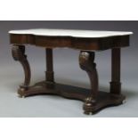 An early Victorian mahogany washstand, the white serpentine marble top, above single frieze