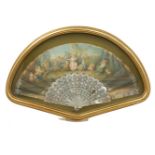 A French paper and mother of pearl fan, early/mid 19th century, the leaf decorated with a print of