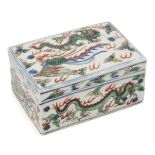 A Chinese porcelain wucai phoenix and dragon box and cover, 20th century, painted with dragons and