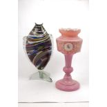 A pink glass vase with enamelled decoration and a Murano glass fish (2)80