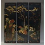 A Chinese three fold lacquer screen, late 20th Century, decorated with peacock and foliage, 214cm