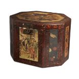 A Chinese lacquer hexagonal box, 20th century, decorated with panels of birds, flowers and