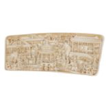 A Chinese ivory wrist rest, late 19th/early 20th century, pierced and decorated with a scene of