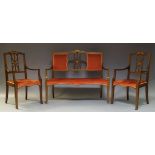 An Edwardian three-piece pink upholstered mahogany and line inlaid salon suite, a Reproduction