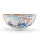 A Chinese export porcelain punch bowl, 18th century (?), painted in famille rose enamels with panels