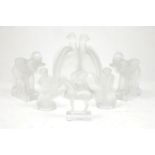 Modern Lalique, a pair of elephant bookends; two love birds, a small horse, two female figures - one