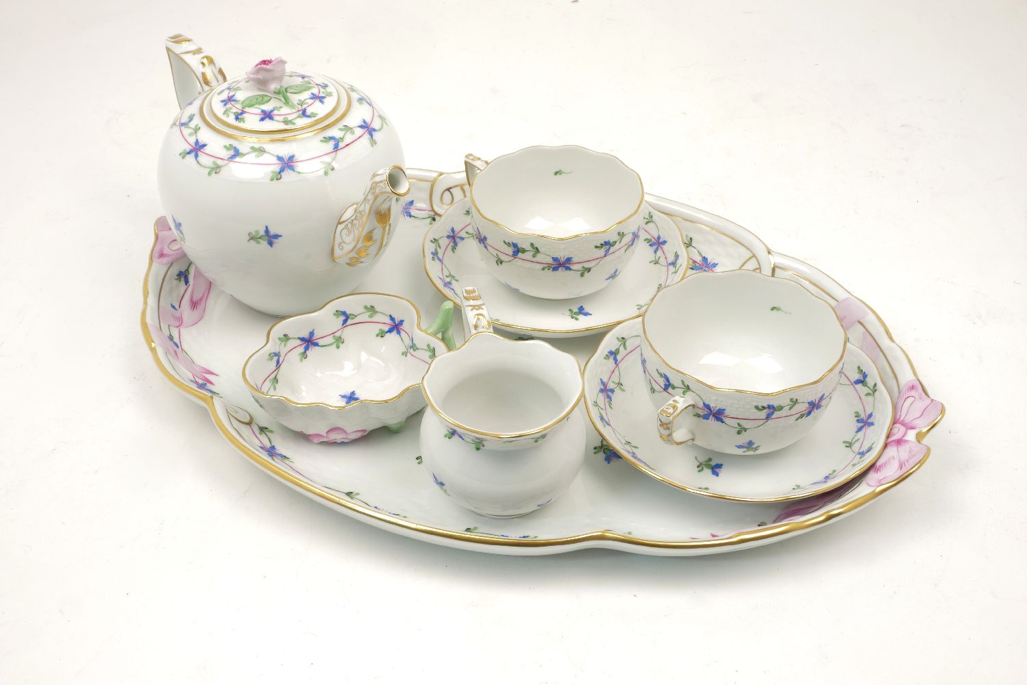 A Herend porcelain Caberet set, 20th century, to comprise a teapot and cover, two cups and