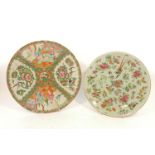 Two Provincial Chinese Canton porcelain dishes, of celadon ground with famille rose decoration, late