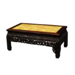 A Chinese hardwood low table, kang, late 19th century, the rectangular rouge marble inset top