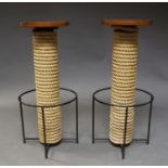 A pair of French rope bar stools, possibly by Audoux-Minet c.1950, the circular seats, on rope bound