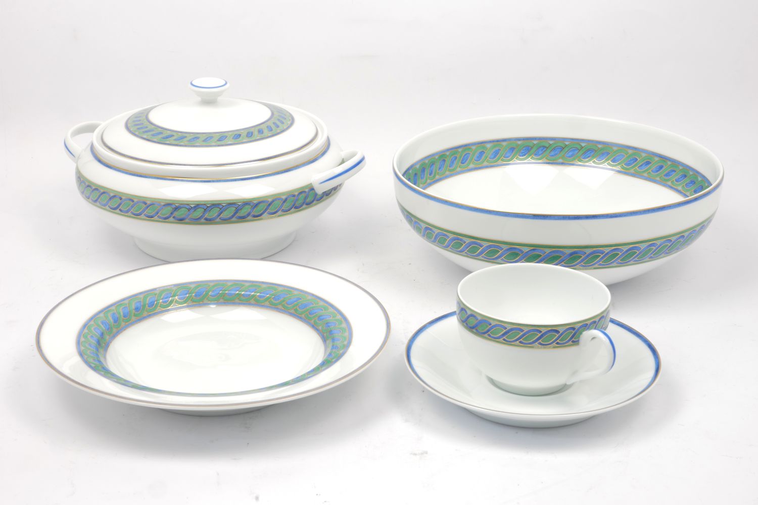 A large Christoffel torsade bleu pattern tea and dinner service, printed marks to base, (a lot).