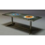 A tile and chromed coffee table, c.1960, inset with grey and polychrome tiles with abstract