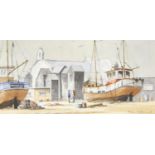 Peter Hillard, British, mid-late 20th century- Hastings Net Sheds; watercolour, signed, 11.