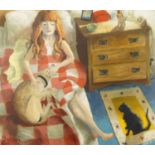 Vicki Golden, British b.1970- Lady in her bedroom with cat and dog, acrylic on canvas, signed,