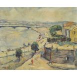 European Impressionist School, early 20th century- Cityscape with figures along a quayside and river