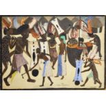 Samuel Gittara, Ugandan, mid-late 20th century- gouache on paper laid on board 'Acholi War Dance'