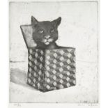 Chris Salmon, British 20th century- Untitled, cat in a box; etching on wove, signed and numbered