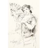 Franco Matania, British 1922-2006- Young Woman with Fan; black felt tipped pen over pencil,