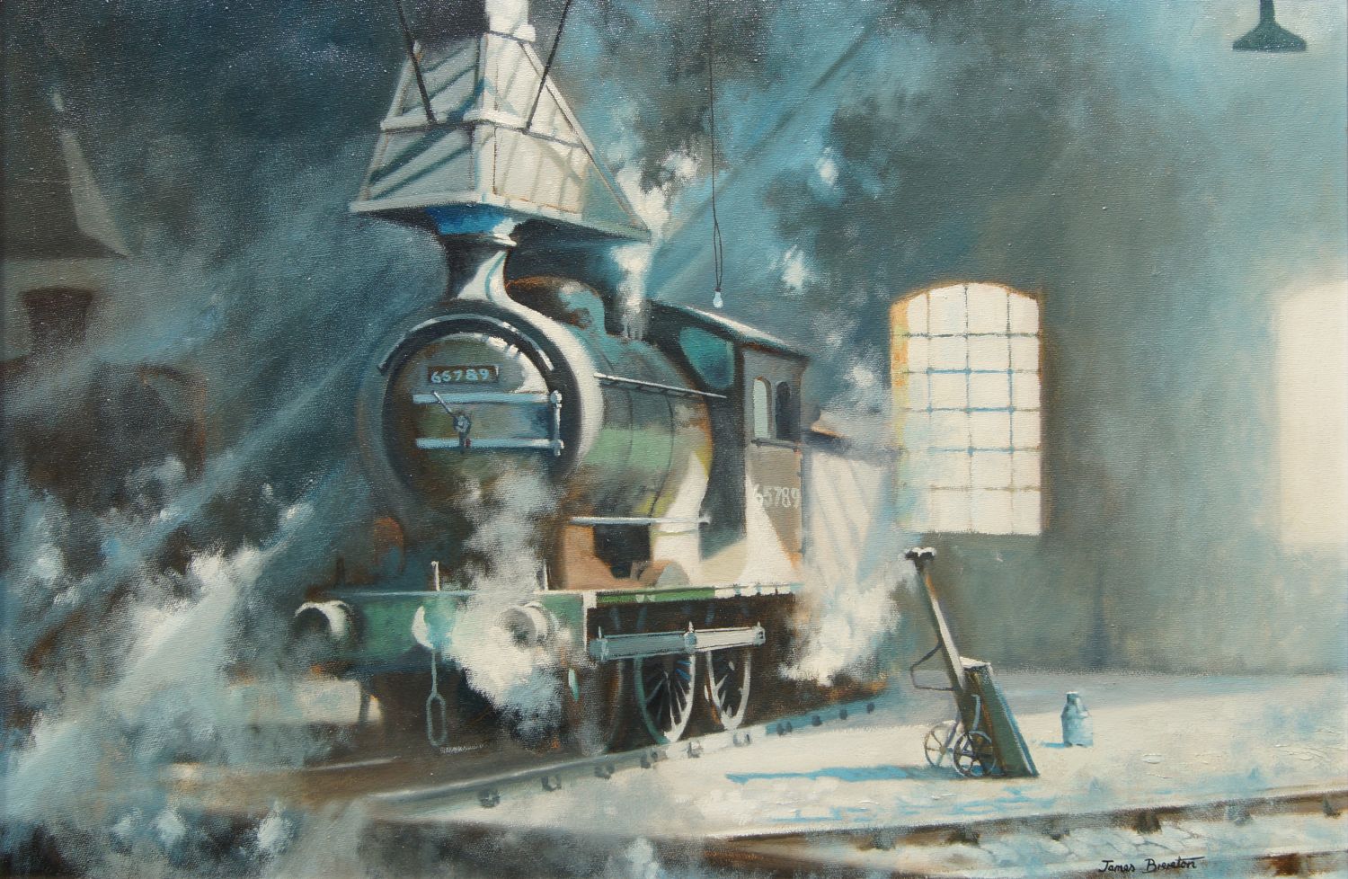 James Brereton, British b.1954- Sunlight, Steam and Noise; oil on canvas, signed, also signed, dated