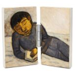 Jiro Osuga, Japanese b.1968- Reading, 2001; acrylic and oil on MDF, 10.6 x 6.2cm & 10.5 x 5.5cm