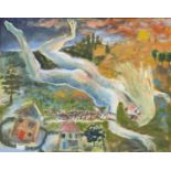 Vicki Golden, British b.1970- Dream-like scene of a nude lady and cat in flight; oil on panel,