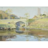James P Barraclough, British 1891-1942- River landscape with a stone bridge; oil on canvas laid down