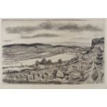 T M Fauser, German, mid 20th Century- Views of bridges and landscapes on the Rhine; etchings,