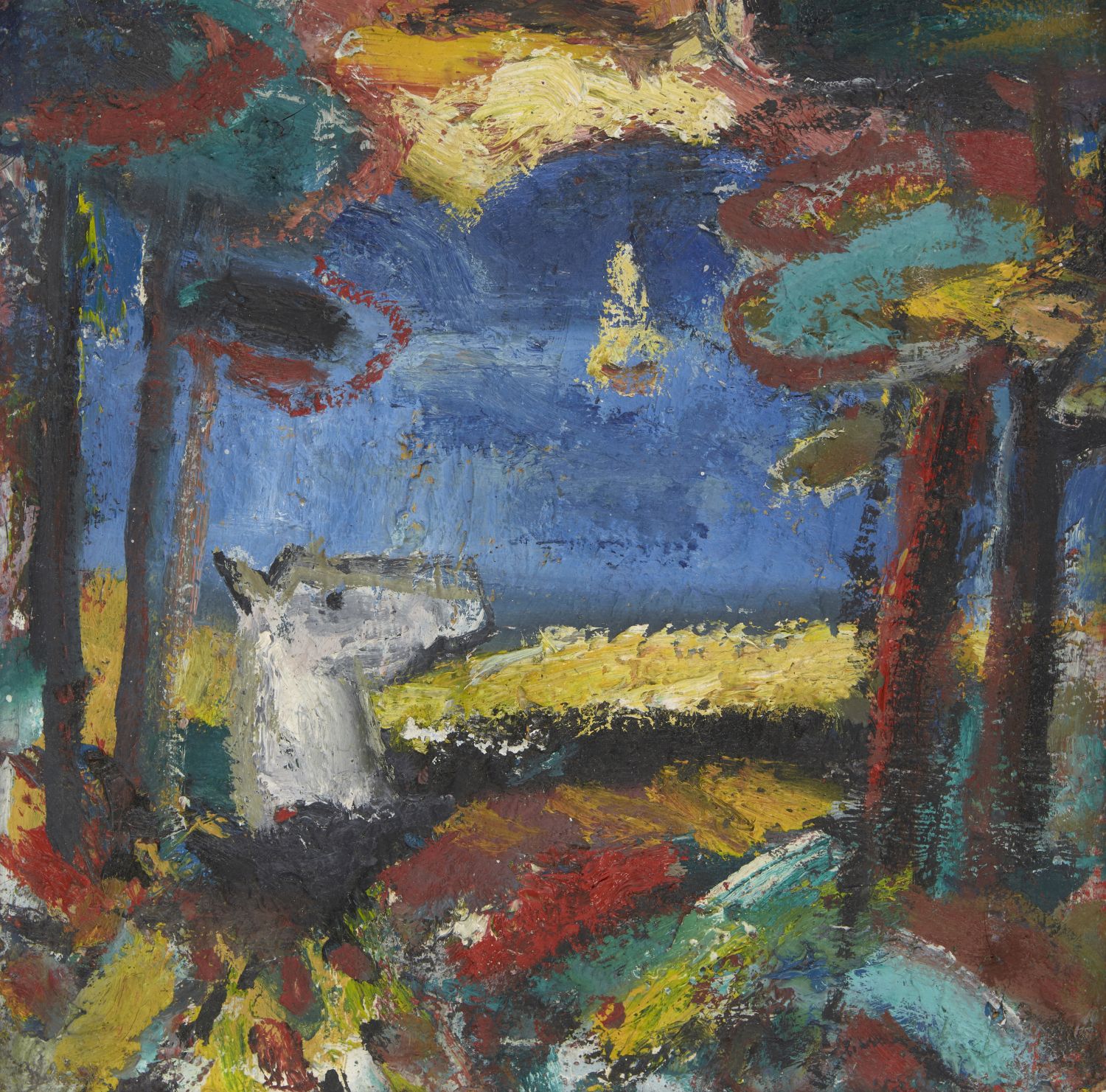 Christie Cameron, British b.1944- Landscape with a horse; oil on board, 22x22cm: together with - Image 2 of 2