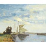 British School, early 21st century- Barges on an estuary; oil on canvas, signed with initials ASB