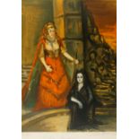 British School, late 20th century- Theatre scene; lithograph, signed indistinctly, dedicated and