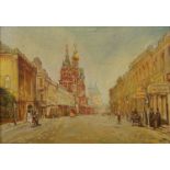 Russian School, mid-late 20th century- Street scene in Moscow; oil on canvas, signed with initials