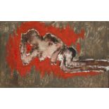 Josef Herman OBE RA, Polish/British 1911-2000- Reclining nude, 1987; oil on board, 25x53.5cm (ARR)(