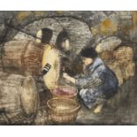 Denis Mathews, British 1913-1997- Wine is stored in another barrel, c. 1953; monotype finished in