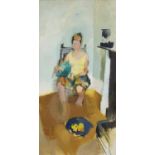 Laura Matthews, British b.1964- Hephzibah - Girl in Green, c.1987; oil on canvas, signed on the